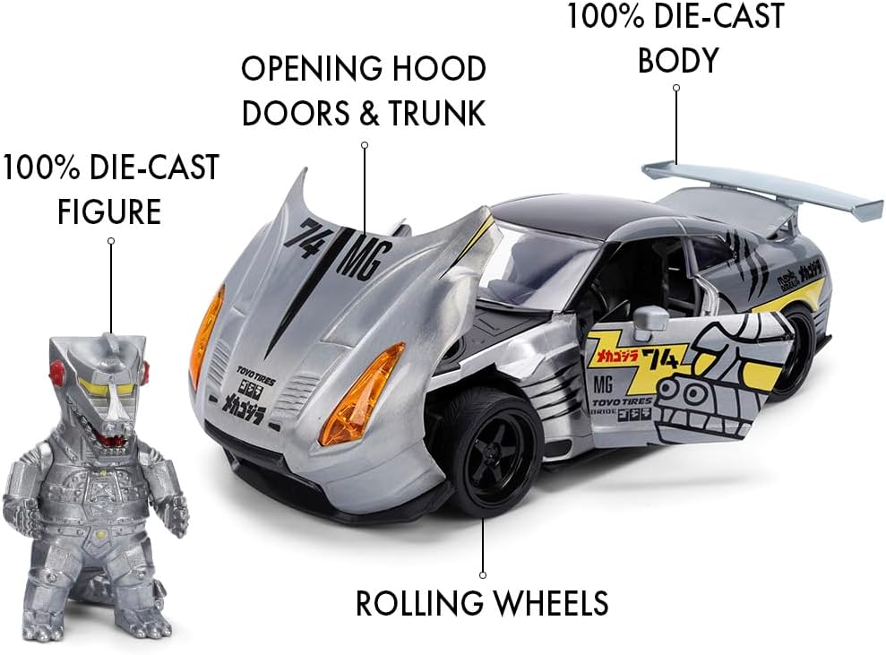 Jada GODZILLA MECHAGODZILLA 2009 NISSAN GT-R W/FIG 1:24 scale model vehicle to collect, play and display, suitable for gift, party favors, Christmas and birthdays