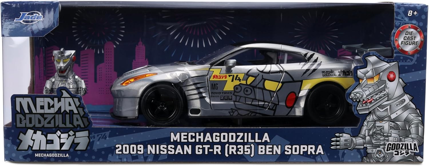 Jada GODZILLA MECHAGODZILLA 2009 NISSAN GT-R W/FIG 1:24 scale model vehicle to collect, play and display, suitable for gift, party favors, Christmas and birthdays