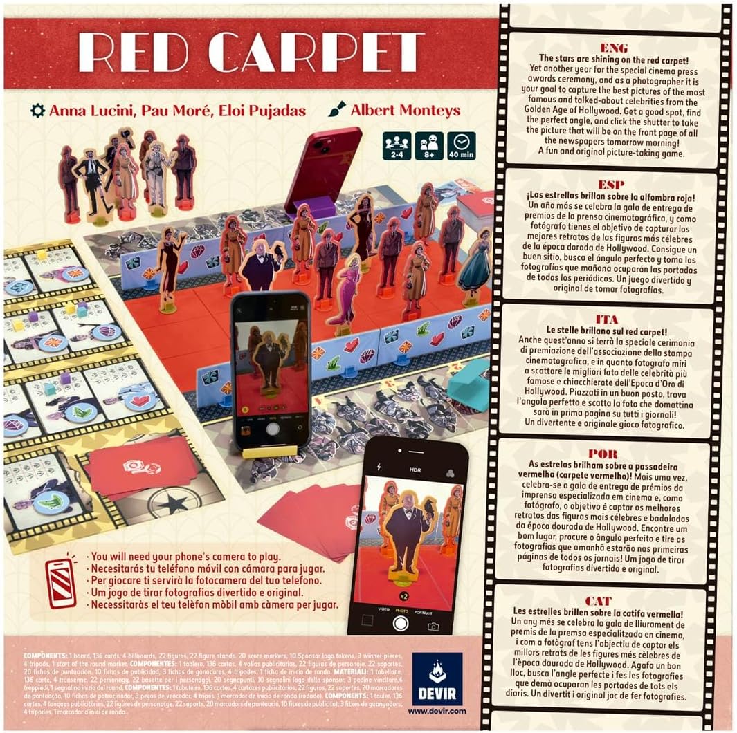 Devir - Red Carpet, Photography and Celebrity Board Game, Strategy & Fun for 2-4 Players, Capture Portraits and Live the Hollywood Red Carpet, Interactive Game (BGRCML