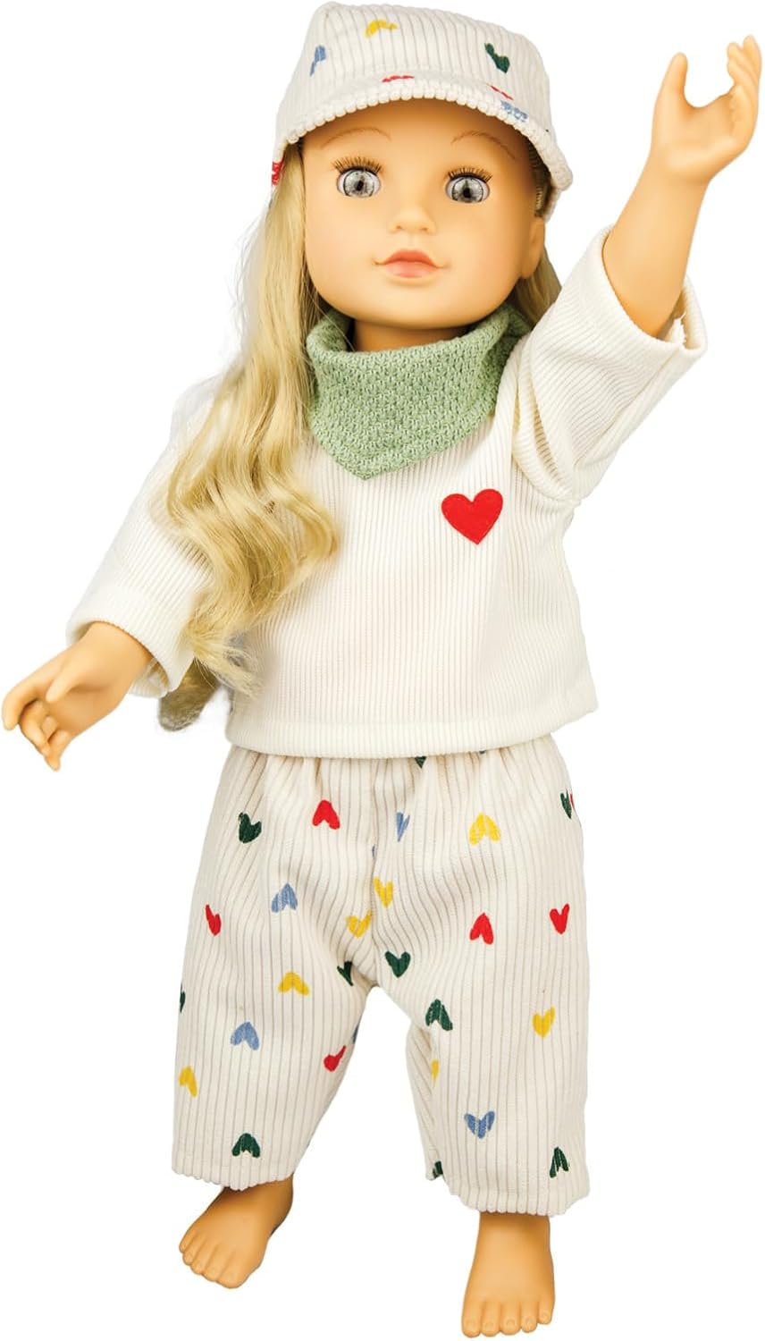 Heless 1516 - Poppenkleertjes "Heart Confetti", 3-delige set met ribfluwelen broek, T-shirt en servet, voor poppen en knuffels maat 28-35 cm