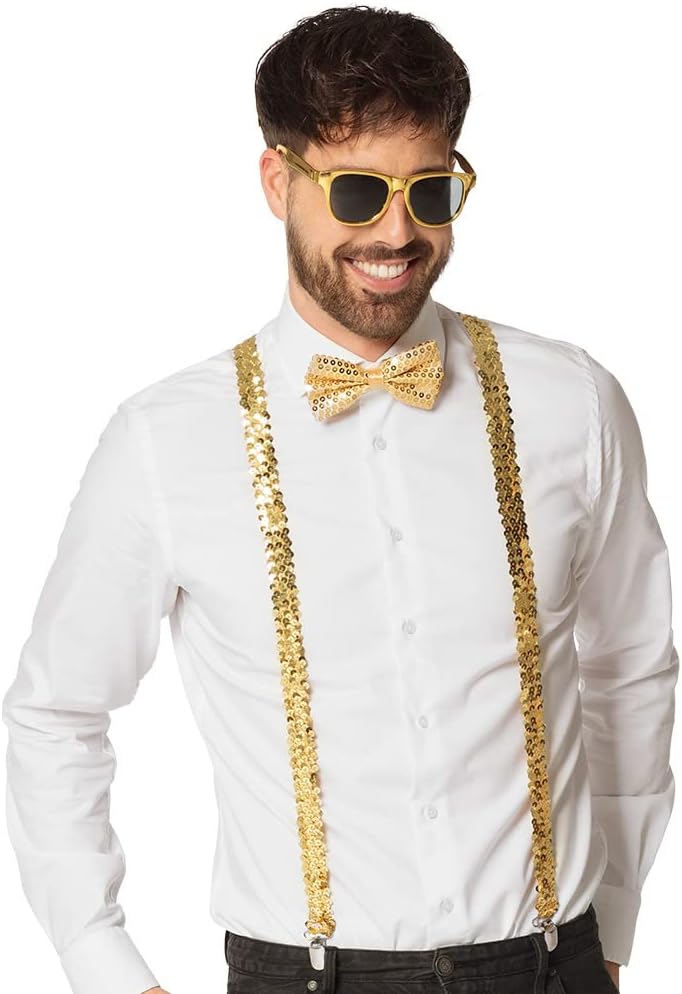 Boland - Party Accessoires im Set, 3-teilig, Brille, Fliege und Hosenträger, glänzende Pailletten, Kostüm-Zubehör, Karneval, Silvester, Mottoparty
