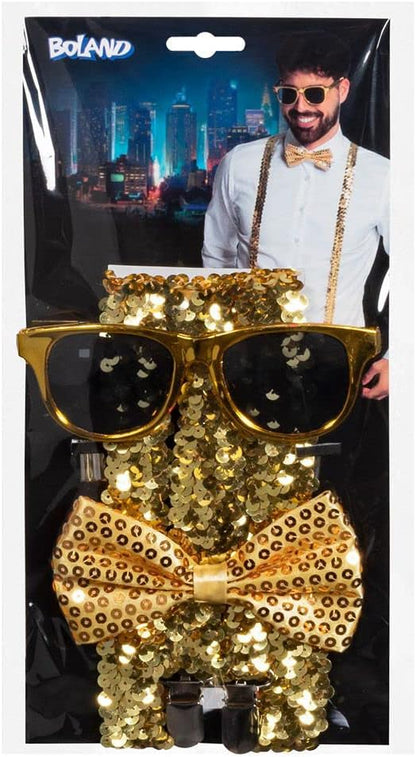 Boland - Party Accessoires im Set, 3-teilig, Brille, Fliege und Hosenträger, glänzende Pailletten, Kostüm-Zubehör, Karneval, Silvester, Mottoparty