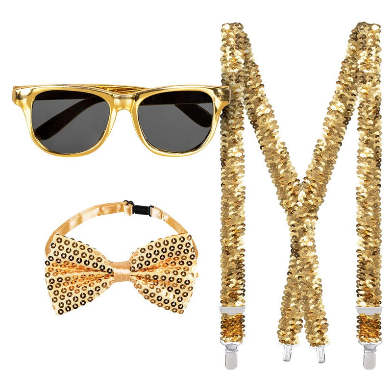 Boland - Party Accessoires im Set, 3-teilig, Brille, Fliege und Hosenträger, glänzende Pailletten, Kostüm-Zubehör, Karneval, Silvester, Mottoparty