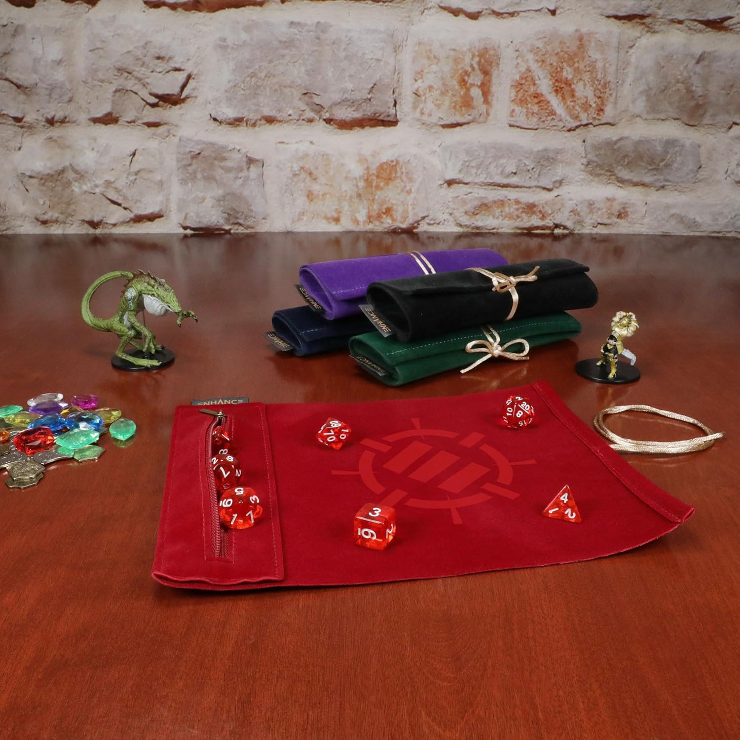 ENHANCE Roll on a Scroll Dice Rolling Mat & 7pc Acrylic Dice Set - Velvet Dice Case with Color-Coordinated 7pc Acrylic Dice, Dice Holder and Tray Compatible with DND and Other Tabletop Games
