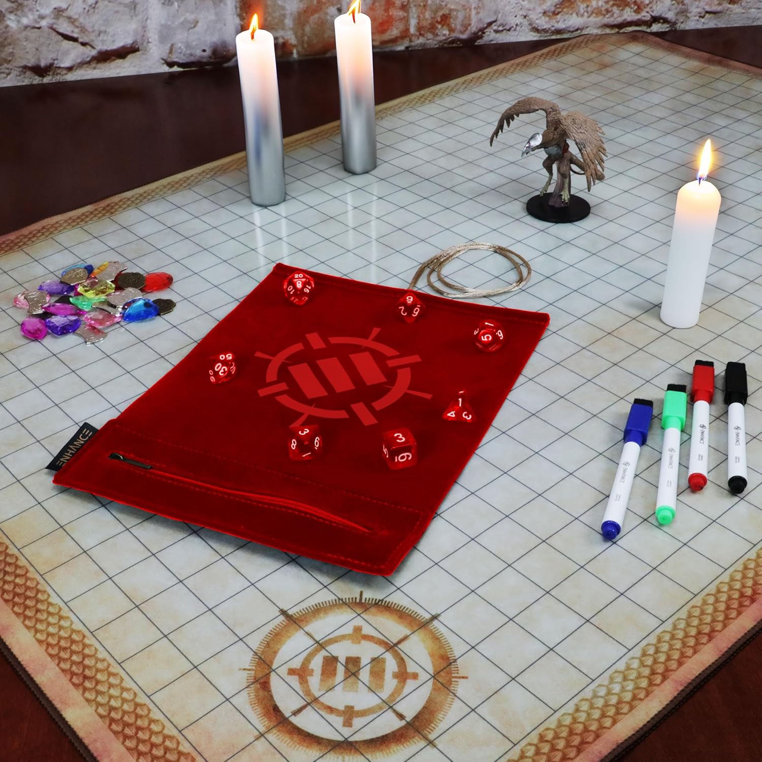 ENHANCE Roll on a Scroll Dice Rolling Mat & 7pc Acrylic Dice Set - Velvet Dice Case with Color-Coordinated 7pc Acrylic Dice, Dice Holder and Tray Compatible with DND and Other Tabletop Games