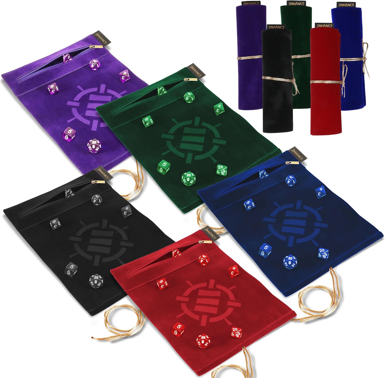 ENHANCE Roll on a Scroll Dice Rolling Mat & 7pc Acrylic Dice Set - Velvet Dice Case with Color-Coordinated 7pc Acrylic Dice, Dice Holder and Tray Compatible with DND and Other Tabletop Games
