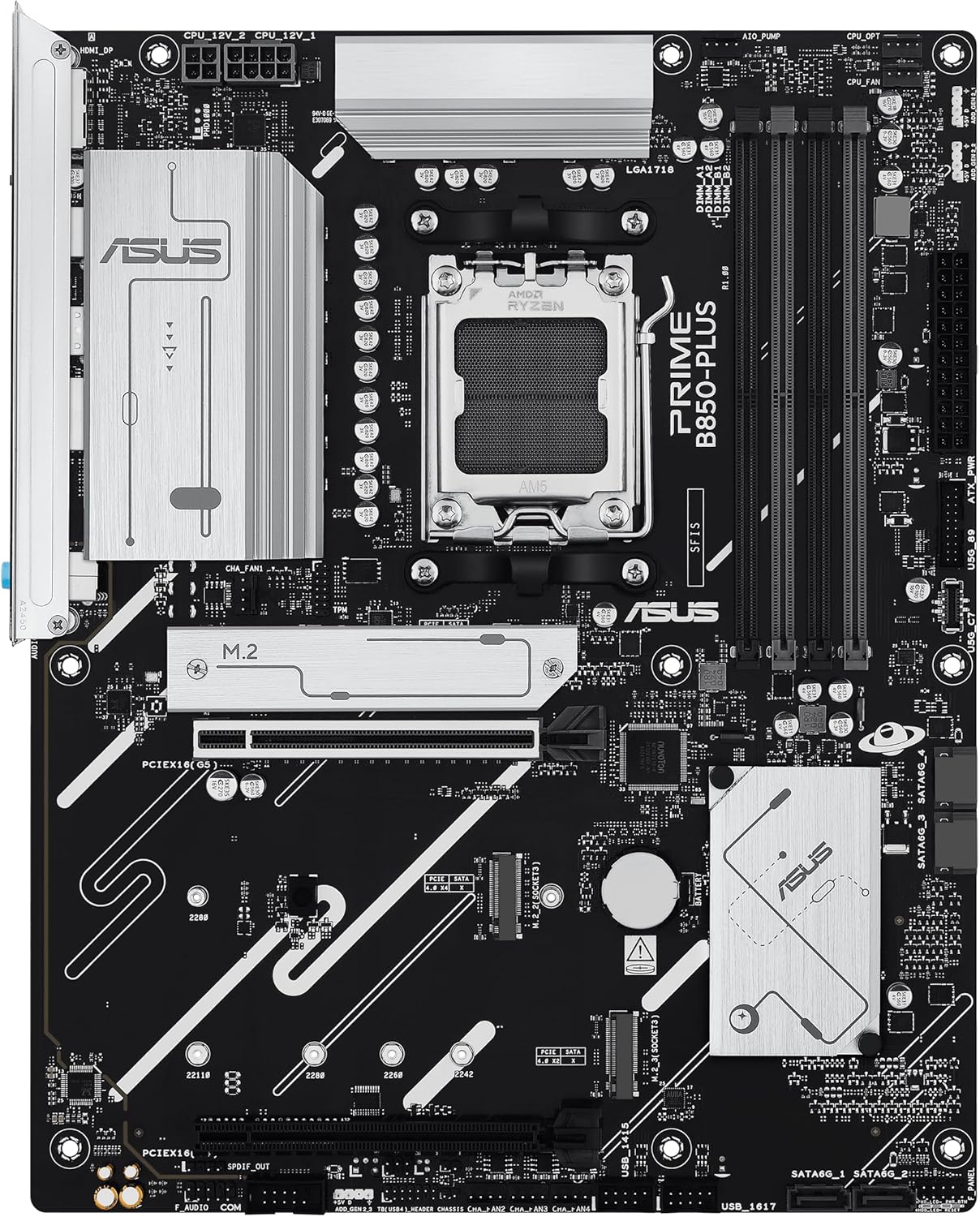 ASUS PRIME B850-PLUS-CSM, AMD ATX Motherboard, 8+2+1 Power Stages, DDR5 Slot, PCIe 5.0, 3 M.2 Slots, Wi-Fi 6E, Ethernet Realtek 2.5Gb, DisplayPort, HDMI, USB-A and USB-C 10Gbps, Aura Sync