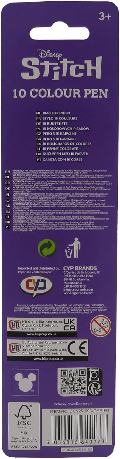 CyP Brands Stitch, Ballpoint Pen 10 Colours, Writing, School Supplies, Multicoloured, Official Product