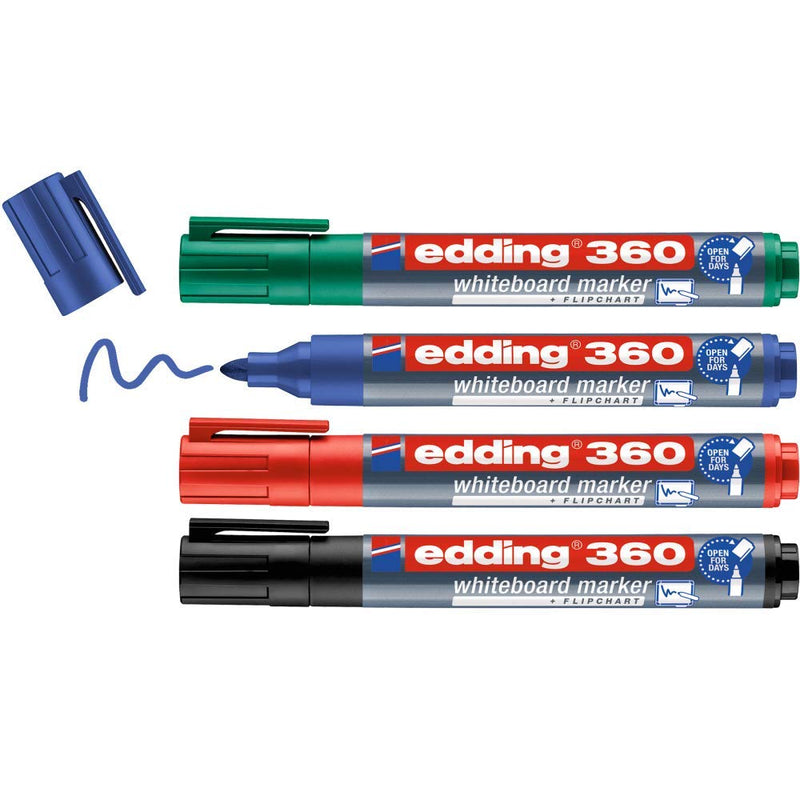 edding 360 whiteboard marker set - multi-coloured - 4 whiteboard pens - round nib 1.5-3 mm - whiteboard pen dry wipe - for whiteboards, flipcharts, magnetic, memo boards - sketchnotes - refillable