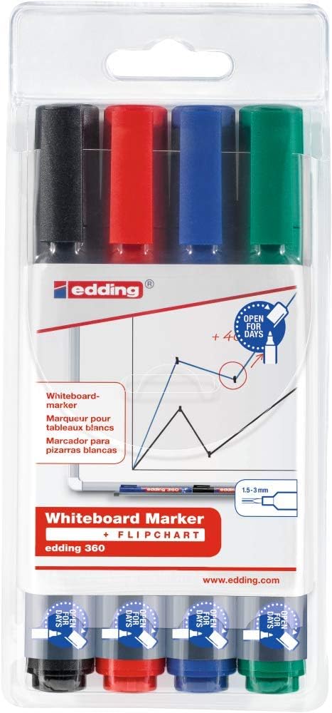 edding 360 whiteboard marker set - multi-coloured - 4 whiteboard pens - round nib 1.5-3 mm - whiteboard pen dry wipe - for whiteboards, flipcharts, magnetic, memo boards - sketchnotes - refillable