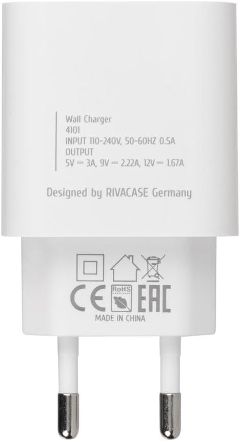 RIVACASE PS4101 W00 - Caricatore da 20 W Power Delivery 3.0, ricarica rapida tramite USB-C, compatibile con iPhone 15 e più vecchi, iPad, Samsung, LG, Huawei, Xiaomi, Android, alimentatore solido