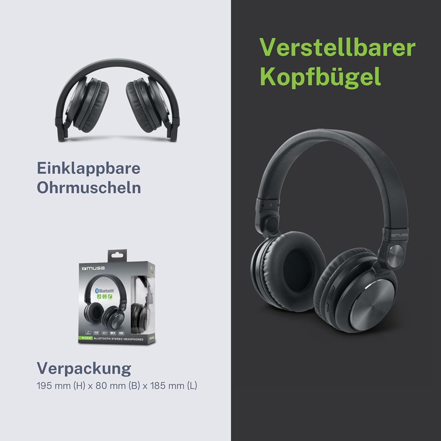 Muse M-05 276 BTB Bluetooth Wireless Stereo Cuffie Over-Ear, funzione Hands Free, include cavo USB e AUX in