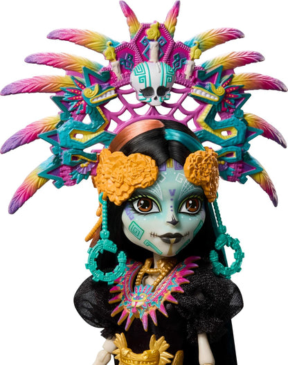 Monster High Doll, Skelita Calaveras Día de Muertos 2025 Collectible, Aztec-Inspired Gown with Vibrant Accessories like Headdress and Necklace, JDR63
