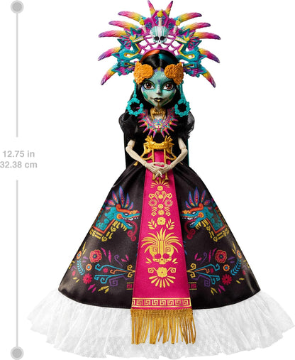 Monster High Doll, Skelita Calaveras Día de Muertos 2025 Collectible, Aztec-Inspired Gown with Vibrant Accessories like Headdress and Necklace, JDR63