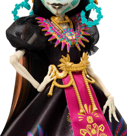 Monster High Doll, Skelita Calaveras Día de Muertos 2025 Collectible, Aztec-Inspired Gown with Vibrant Accessories like Headdress and Necklace, JDR63