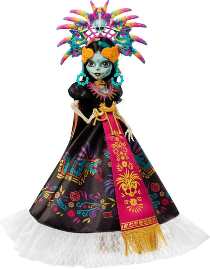 Monster High Doll, Skelita Calaveras Día de Muertos 2025 Collectible, Aztec-Inspired Gown with Vibrant Accessories like Headdress and Necklace, JDR63