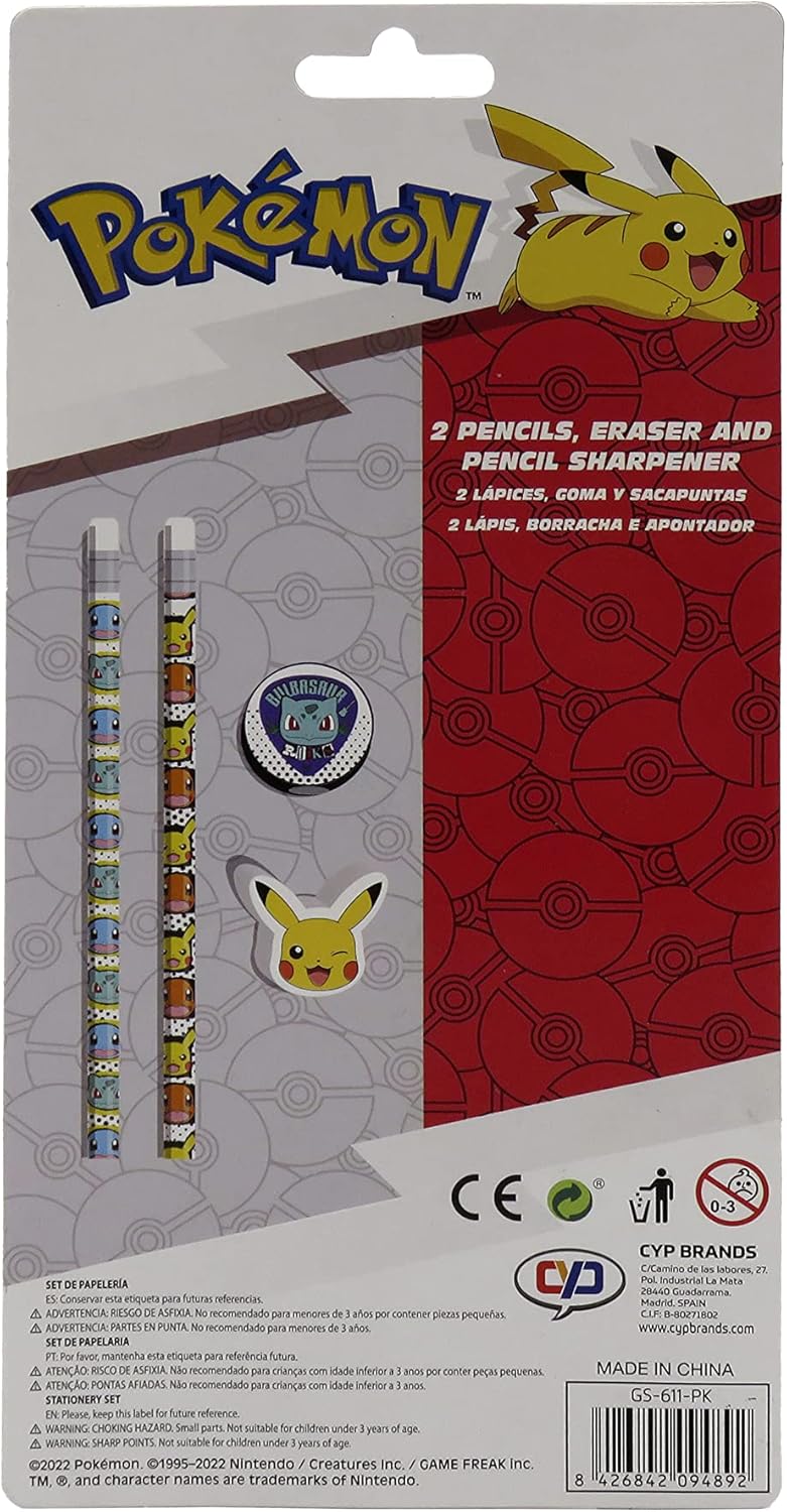 POKÉMON: Ensemble de Papeterie Pokémon, matériel Scolaire, écriture, Cadeau, Crayon, Gomme, Taille-Crayon, Multicolore, Produit Officiel (CyP Brands