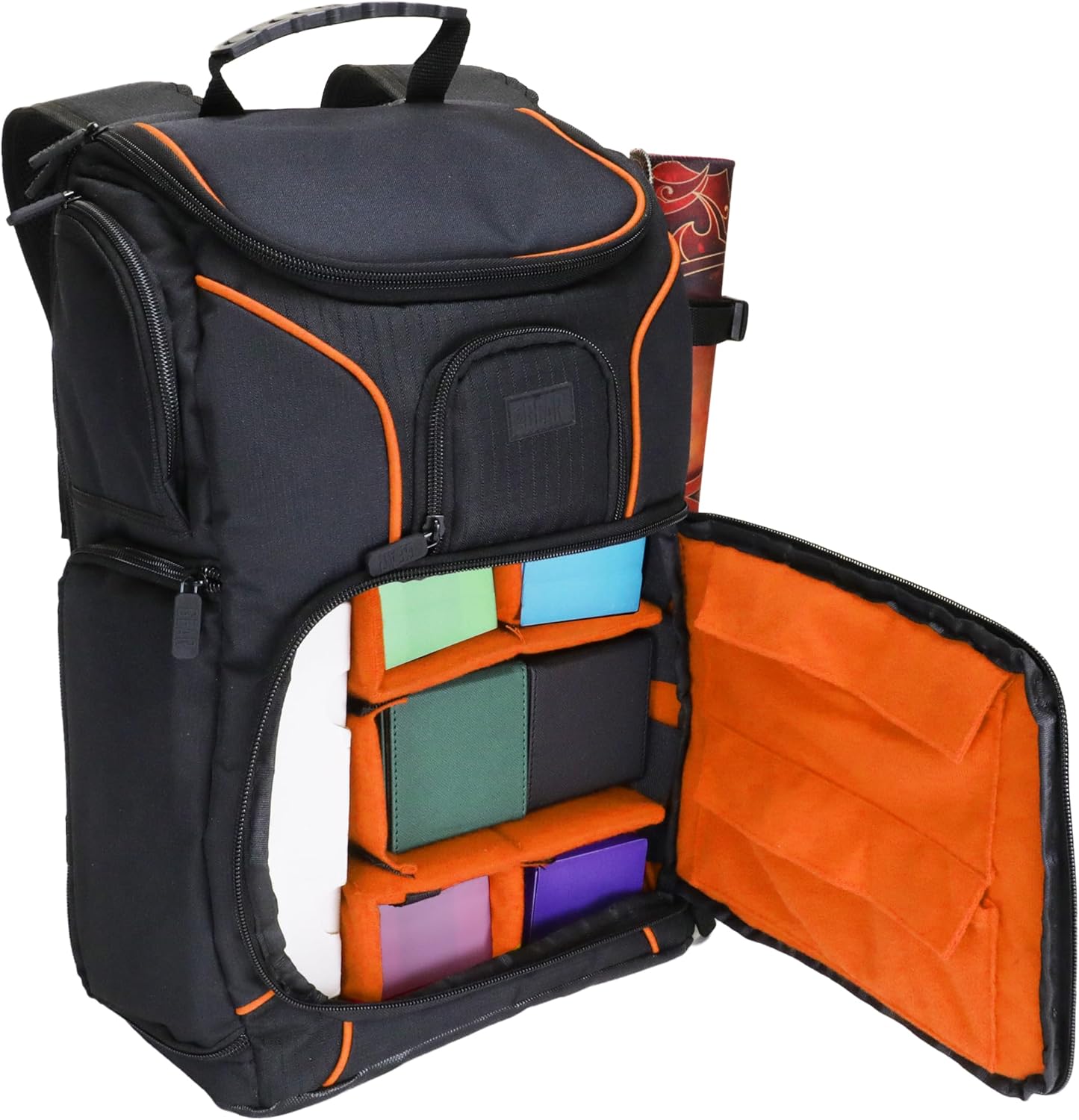 USA Gear MTG-Rucksack, Kompatibel mit Magic the Gathering, MTG-Deck und mehr - TCG-Rucksack Tasche mit Schultergurten, anpassbaren Trennwänden, TCG-Spielmattenhalter, Ordnerfach (Orange