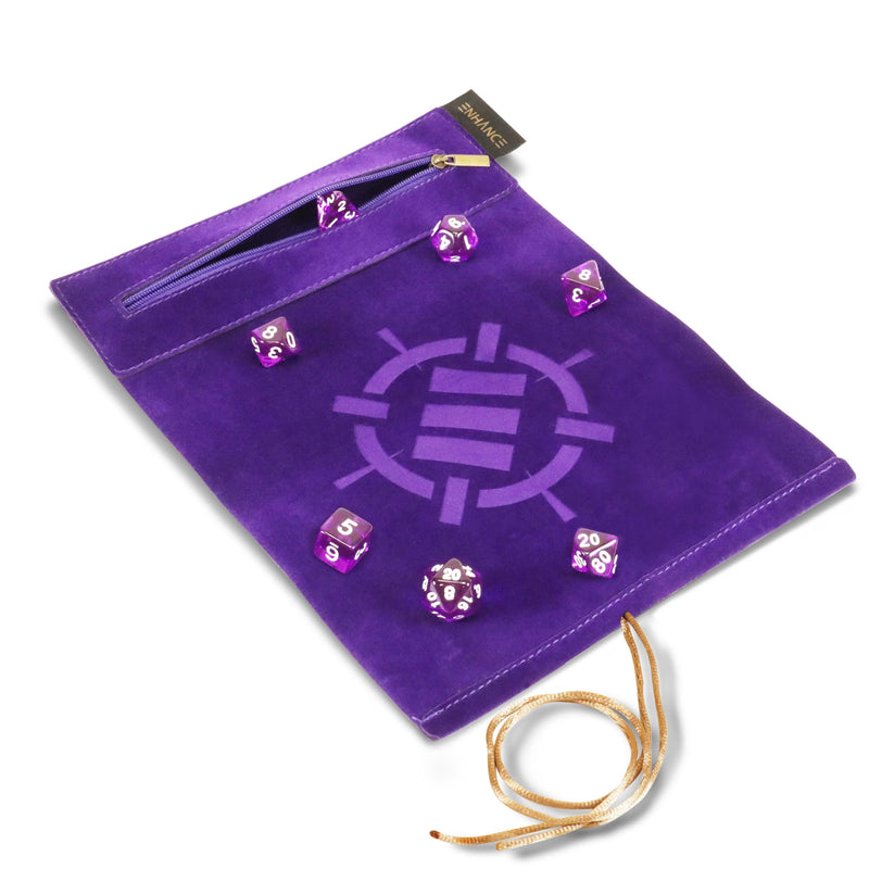 ENHANCE Würfelmatte zum Rollen auf Einer Schriftrolle und 7-teiliges Acrylwürfelset - Samt-Würfeletui mit Würfelhalter und Ablage, kompatibel mit DND und Anderen Tabletop-Spielen