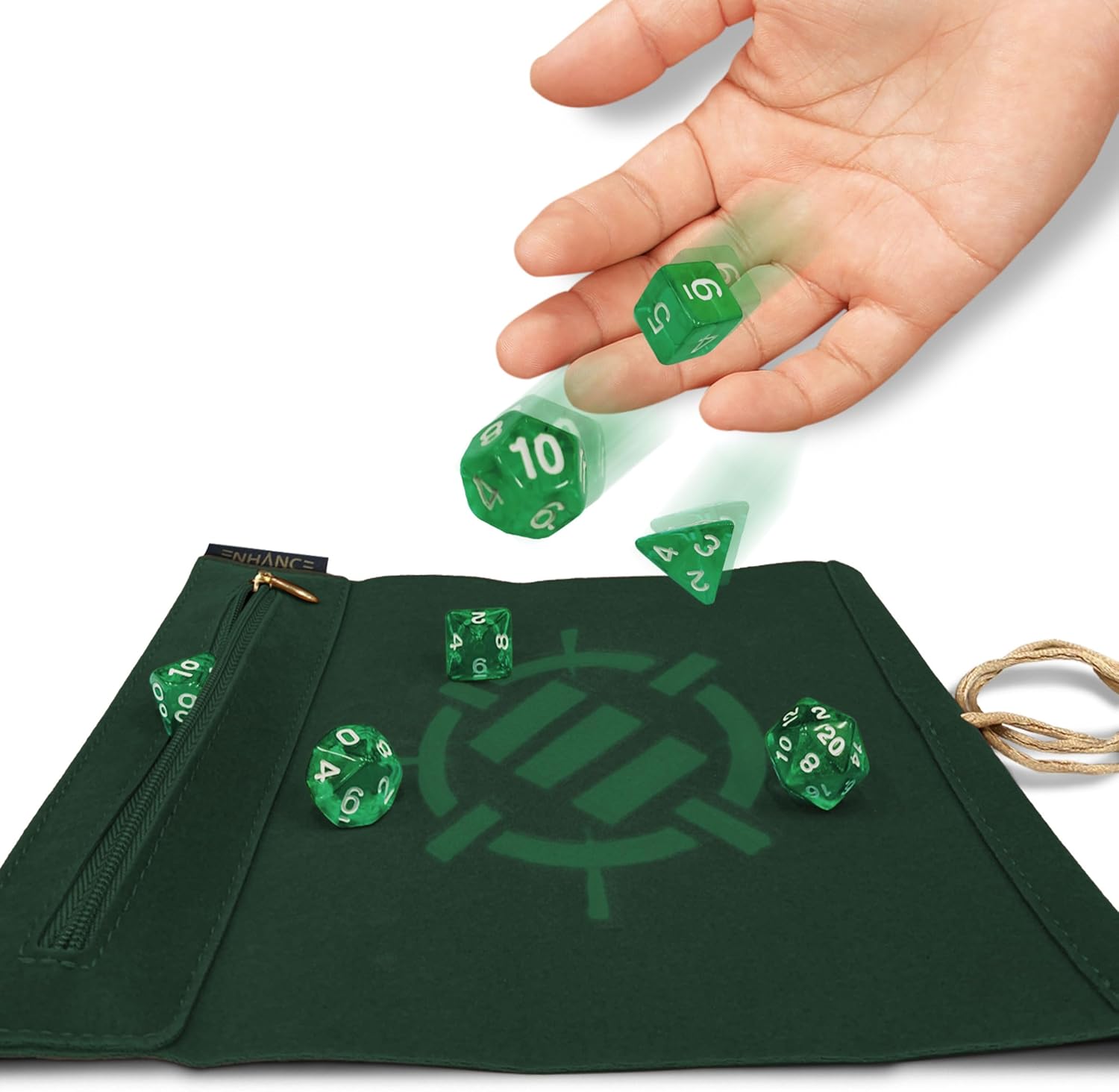 ENHANCE Würfelmatte zum Rollen auf Einer Schriftrolle und 7-teiliges Acrylwürfelset - Samt-Würfeletui mit Würfelhalter und Ablage, kompatibel mit DND und Anderen Tabletop-Spielen