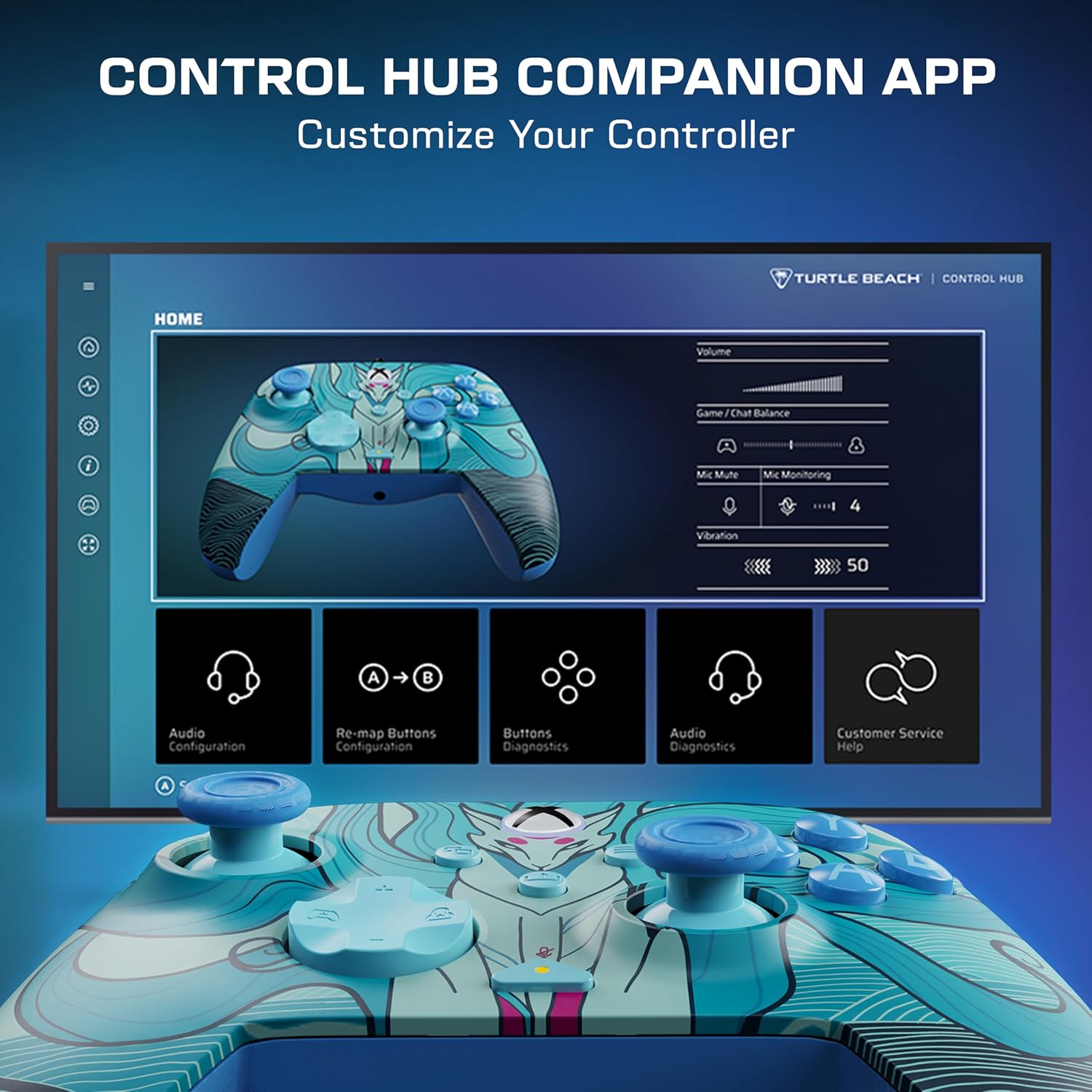 Turtle Beach Rematch Advanced Blue Kitsune bedrade gamingcontroller Gelicentieerd voor Xbox Series X|S, Xbox One en Windows PC met Glow-in-the-dark, herinstelbare knoppen en hairtriggers.