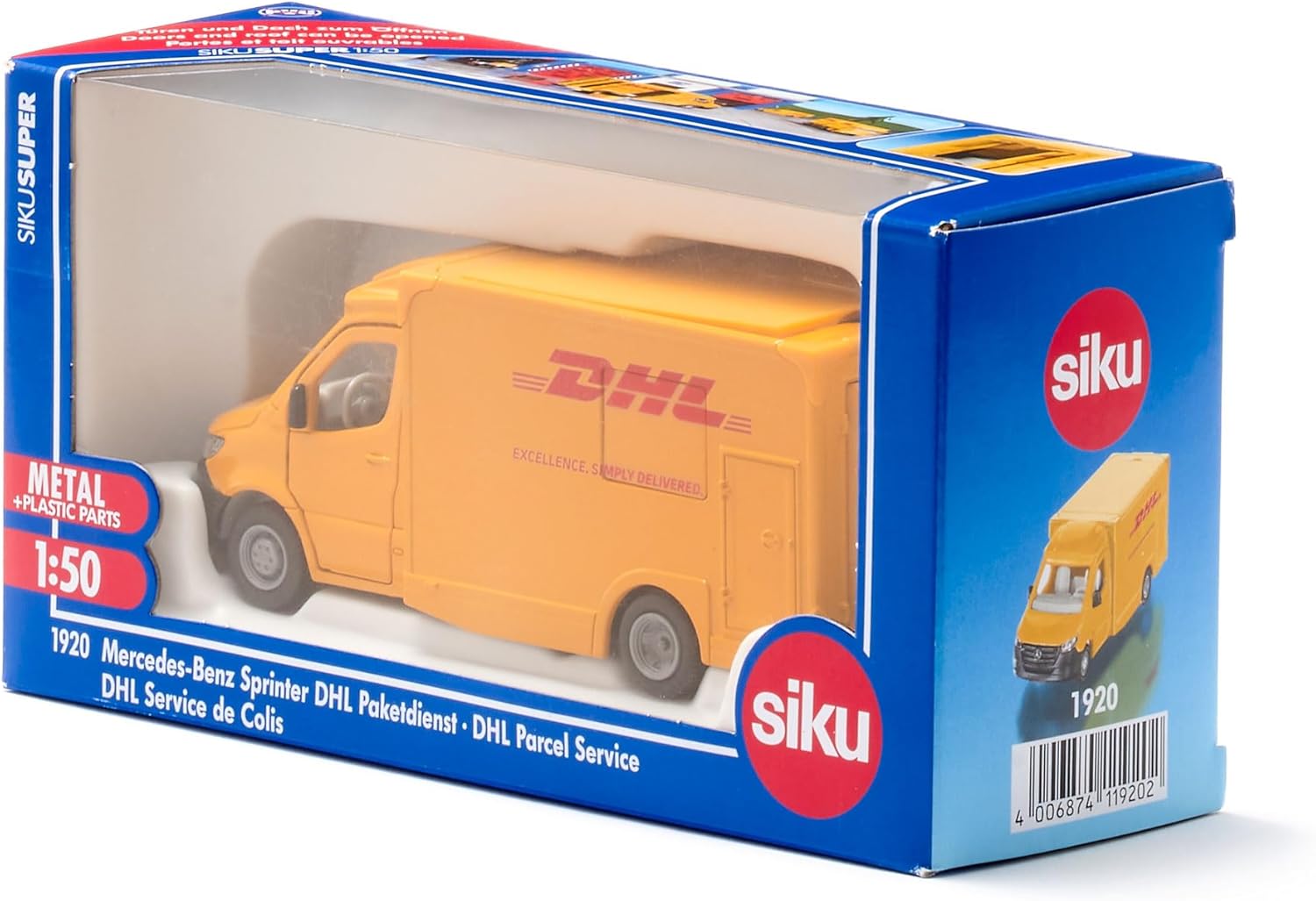 siku 1920, Mercedes-Benz Sprinter DHL Pakketservice, 1:50, Metaal/Kunststof, Geel, Speelgoedauto, Deuren die open kunnen, Afneembaar Dak