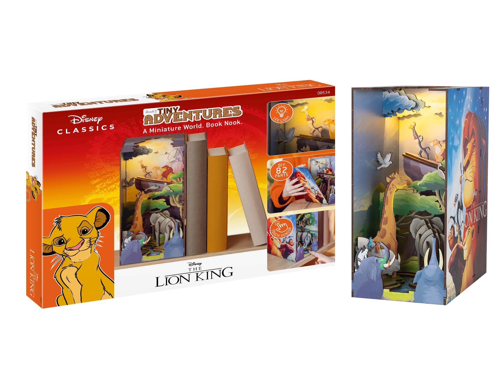 Revell Tiny Adventures Buchstütze König der Löwen I Disney 3D Holz Puzzle mit LED I Simba Szene als Miniatur-Book Nook für Bücherregal I Kreatives Geschenk für Kinder, Filmfans & Bastelbegeisterte