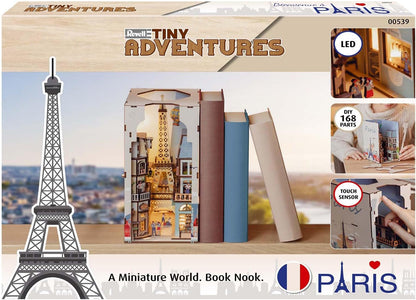 Revell Paris: Tiny Adventures Paris Book Nook - Magical Miniature World for Your Bookshelf, 168 Laser-Cut Wooden Parts with fine details Atmospheric LED Ambient Lighting
