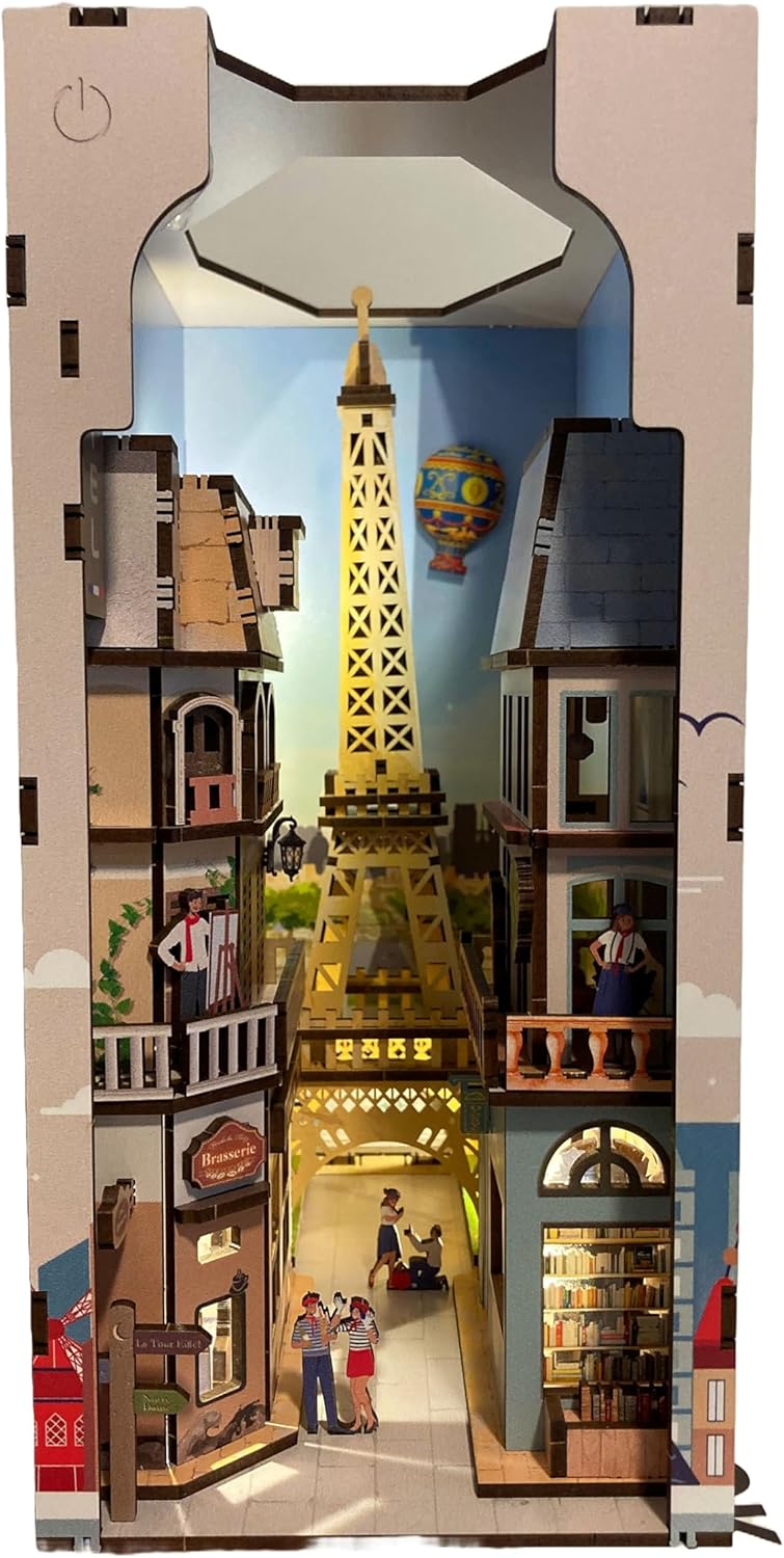 Revell Paris: Tiny Adventures Paris Book Nook - Magical Miniature World for Your Bookshelf, 168 Laser-Cut Wooden Parts with fine details Atmospheric LED Ambient Lighting