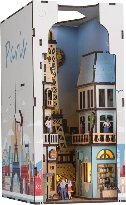 Revell Paris: Tiny Adventures Paris Book Nook - Magical Miniature World for Your Bookshelf, 168 Laser-Cut Wooden Parts with fine details Atmospheric LED Ambient Lighting