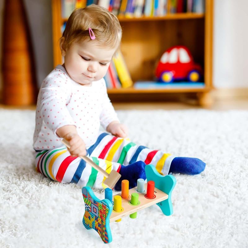 Dorjee- D1.100-2 - Hamerbankje met houten staafjes - coördinatiespeelgoed van hout voor kinderen vanaf 12 maanden.