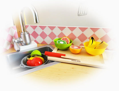 Dorjee - D3.010 - Houten speelgoed snijset fruit - met houten snijplank en mes - vanaf 18 maanden.