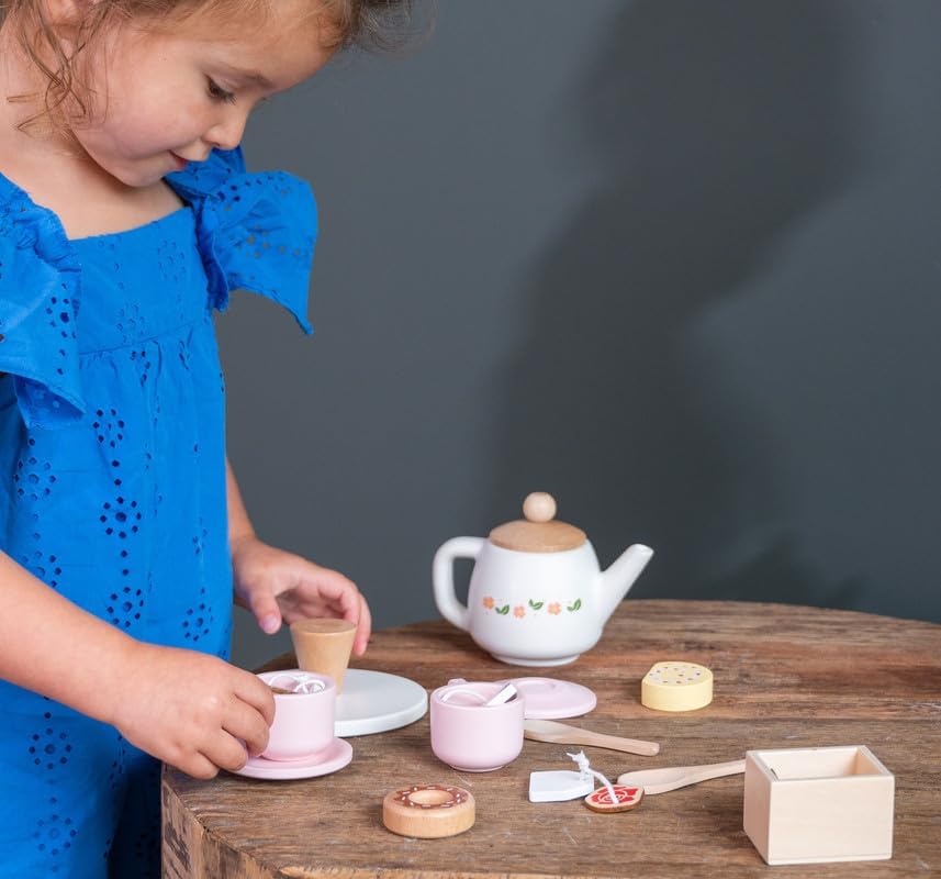 Dorjee - D3.021 - Houten Theeset met Gebak voor Kinderen: 17 stuks inclusief theepot, kopjes, lepels en snoep - vanaf 3 jaar - Houten speelgoed - Rollenspel