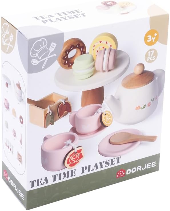 Dorjee - D3.021 - Houten Theeset met Gebak voor Kinderen: 17 stuks inclusief theepot, kopjes, lepels en snoep - vanaf 3 jaar - Houten speelgoed - Rollenspel