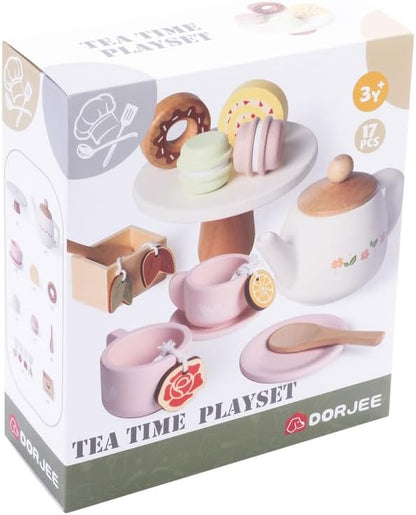 Dorjee - D3.021 - Houten Theeset met Gebak voor Kinderen: 17 stuks inclusief theepot, kopjes, lepels en snoep - vanaf 3 jaar - Houten speelgoed - Rollenspel