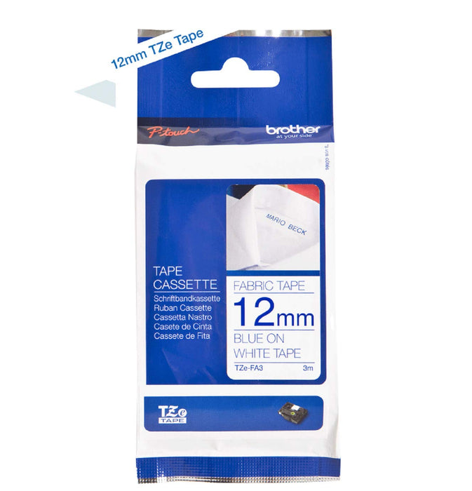 Brother TZEFA3 Nastro in tessuto STIRABILE da 12 mm (3 m) Blu/Bianco