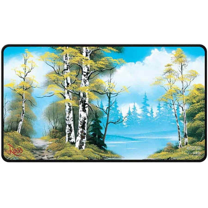 Ultra PRO - Bob Ross Lakeside Path Black Stitched Playmat, Premium playmat, Stitched Edge playmat, Gaming Accessories, Lakeside Art, Tabletop Accessories, Gaming Setup