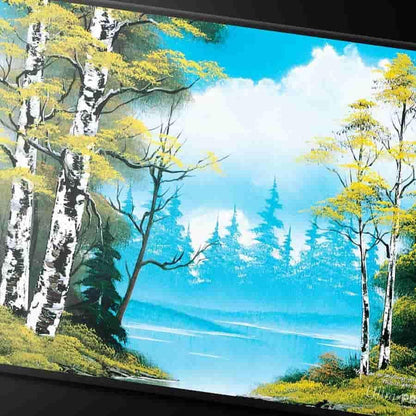 Ultra PRO - Bob Ross Lakeside Path Black Stitched Playmat, Premium playmat, Stitched Edge playmat, Gaming Accessories, Lakeside Art, Tabletop Accessories, Gaming Setup