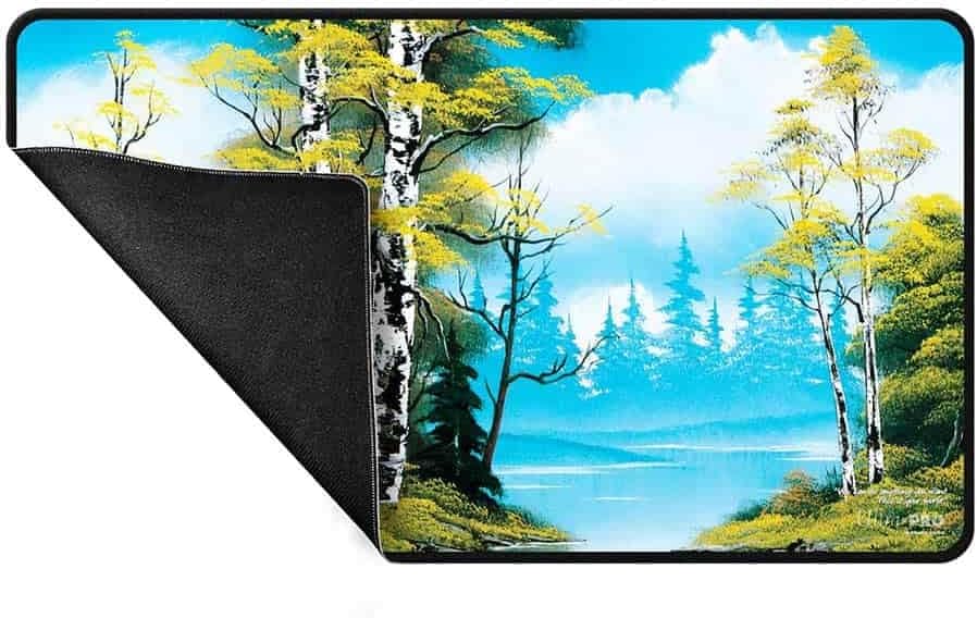 Ultra PRO - Bob Ross Lakeside Path Black Stitched Playmat, Premium playmat, Stitched Edge playmat, Gaming Accessories, Lakeside Art, Tabletop Accessories, Gaming Setup