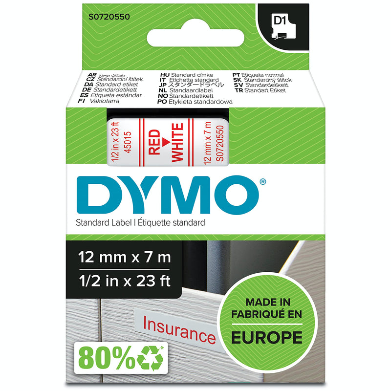 DYMO Authentic D1 Labels | Red Print on White Tape | 12 mm x 7 m