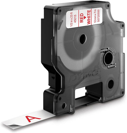 DYMO Authentic D1 Labels | Red Print on White Tape | 12 mm x 7 m