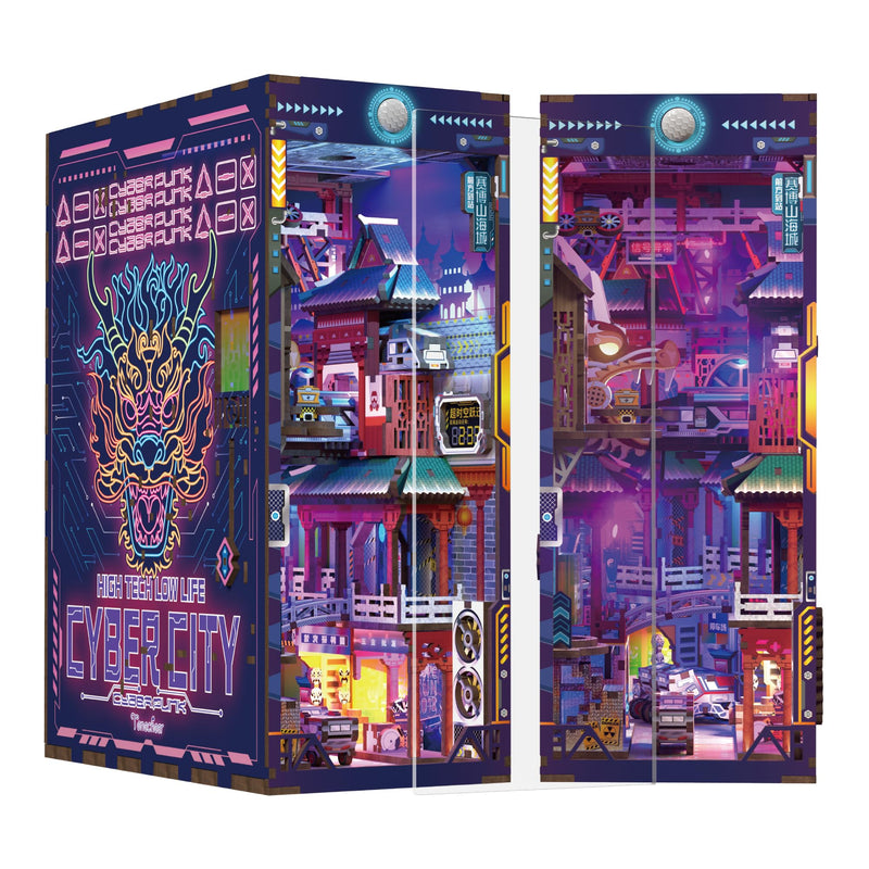 Tonecheer Cyber City Book Nook Kits 3D Wooden Puzzle for Adults, DIY Miniature House with Dust Cover Booknook Model Kits Bookshelf Insert Decor with LED Lights Unique Birthday Gifts
