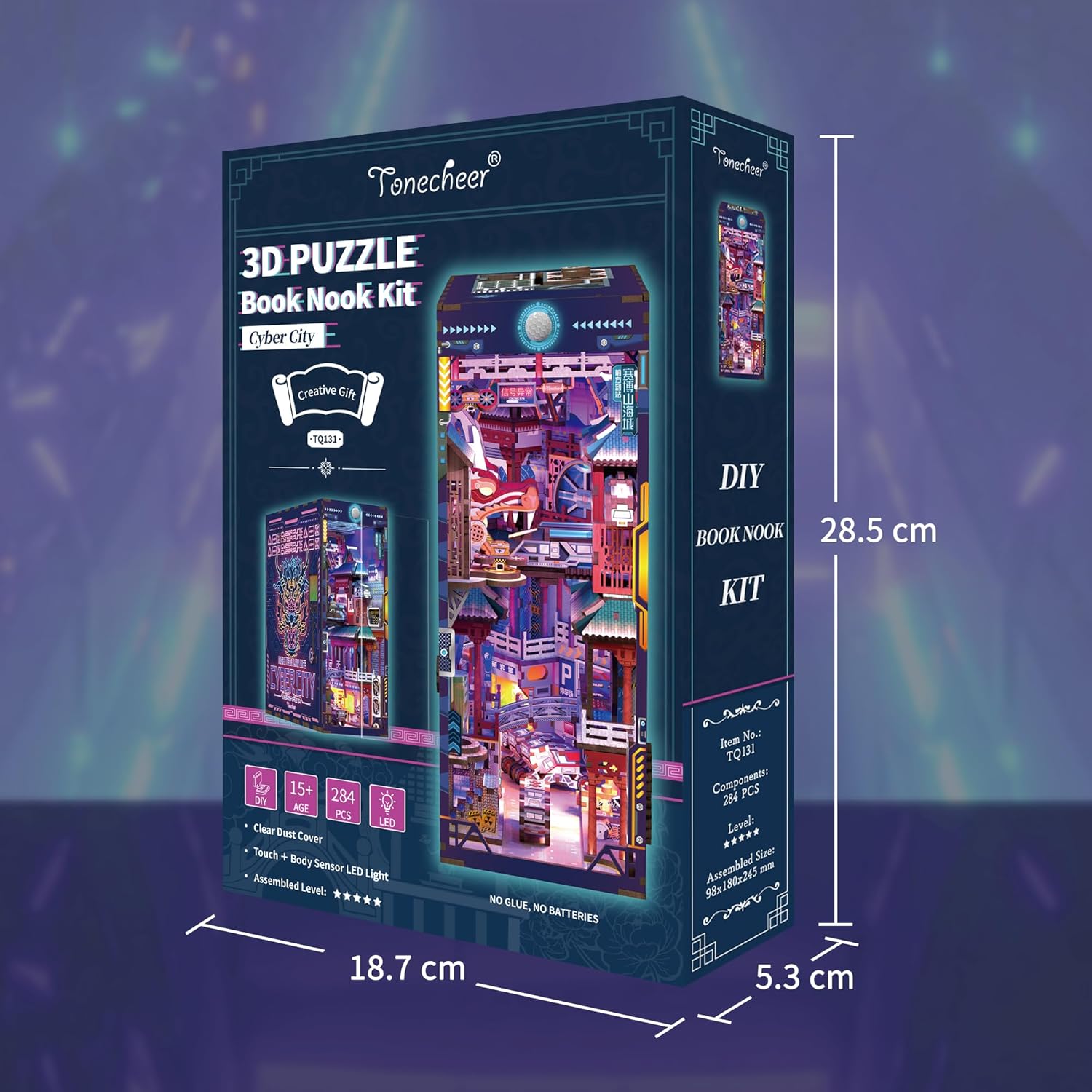 Tonecheer Cyber City Book Nook Kits 3D Wooden Puzzle for Adults, DIY Miniature House with Dust Cover Booknook Model Kits Bookshelf Insert Decor with LED Lights Unique Birthday Gifts