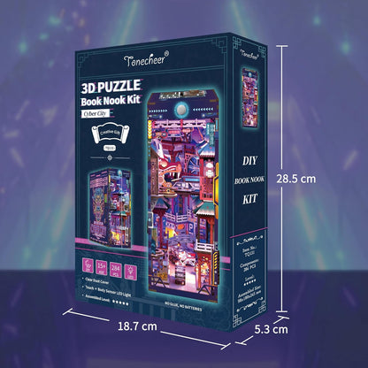 Tonecheer Cyber City Book Nook Kits 3D Wooden Puzzle for Adults, DIY Miniature House with Dust Cover Booknook Model Kits Bookshelf Insert Decor with LED Lights Unique Birthday Gifts