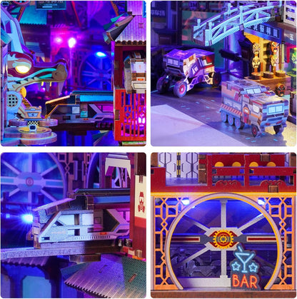 Tonecheer Cyber City Book Nook Kits 3D Wooden Puzzle for Adults, DIY Miniature House with Dust Cover Booknook Model Kits Bookshelf Insert Decor with LED Lights Unique Birthday Gifts
