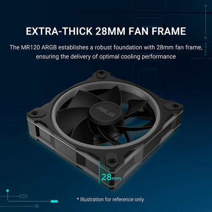 ASUS Prime MR120 ARGB, Ventola per Case da 120 mm, Spessore Telaio 2,8 cm, 20 LED ARGB Compatibili con Aura Sync per Illuminazione da Entrambi i Lati, Massimo 21 dB di Rumore, Nero