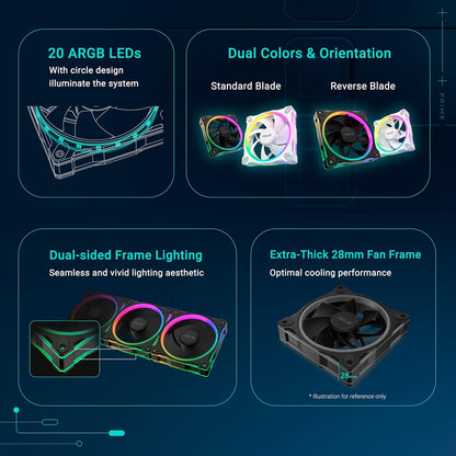 ASUS Prime MR120 ARGB Reverse, Ventola per Case da 120 mm, Spessore Telaio 2,8 cm, 20 LED ARGB Compatibili con Aura Sync per Illuminazione da Entrambi i Lati, 23 dB di Rumore, 3 Pezzi, Nero