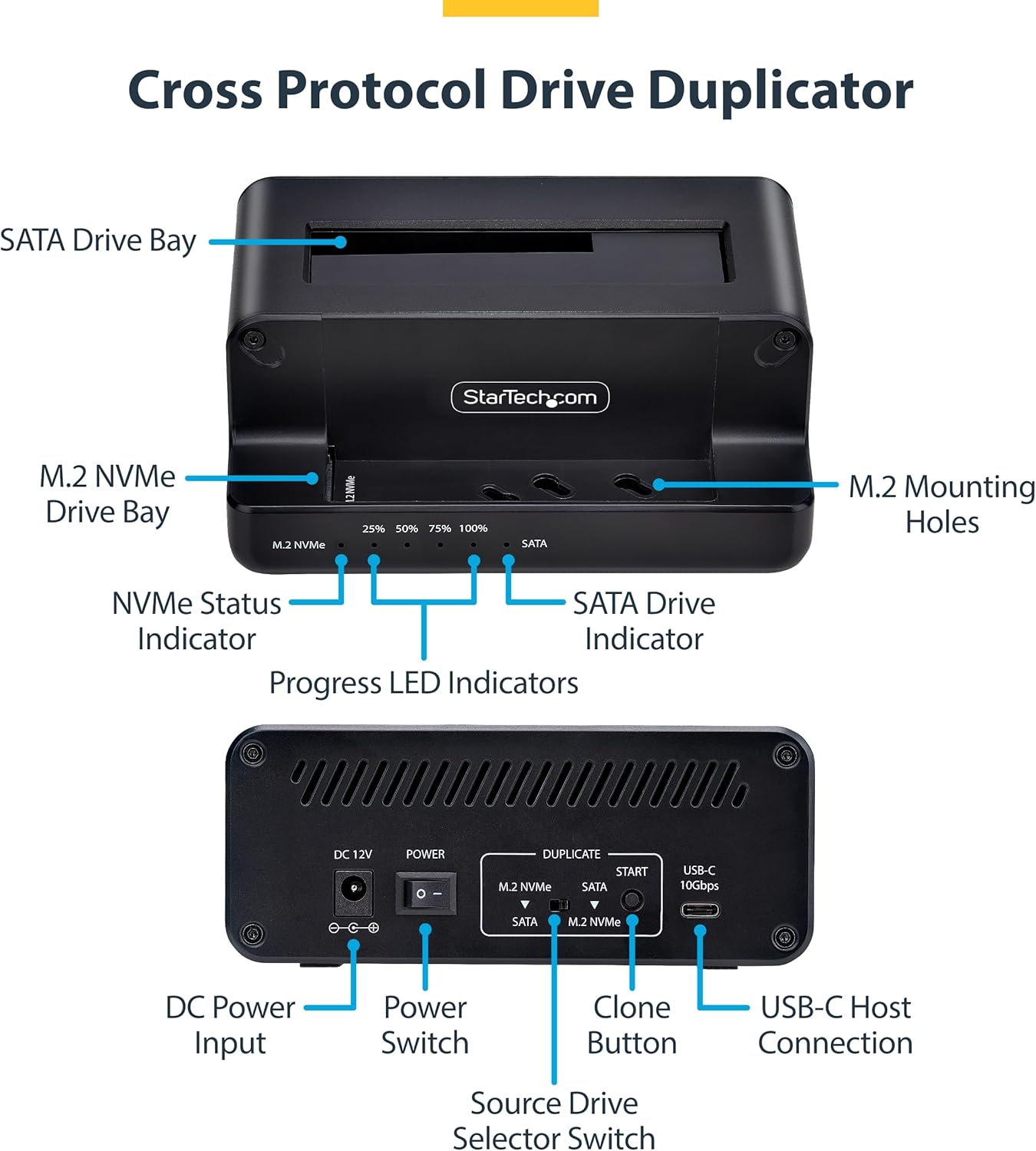 StarTech.com M.2 NVMe to 2.5"/3.5" SATA Drive Duplicator, Dual Bay Standalone Cloner/Drive Dock, 27GB/min, NVMe to SATA / SATA to NVMe, TAA