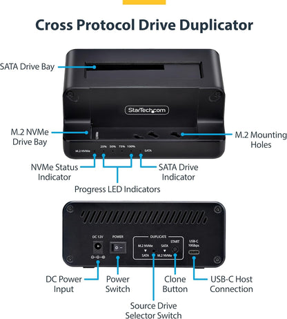 StarTech.com M.2 NVMe to 2.5"/3.5" SATA Drive Duplicator, Dual Bay Standalone Cloner/Drive Dock, 27GB/min, NVMe to SATA / SATA to NVMe, TAA