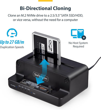 StarTech.com M.2 NVMe to 2.5"/3.5" SATA Drive Duplicator, Dual Bay Standalone Cloner/Drive Dock, 27GB/min, NVMe to SATA / SATA to NVMe, TAA